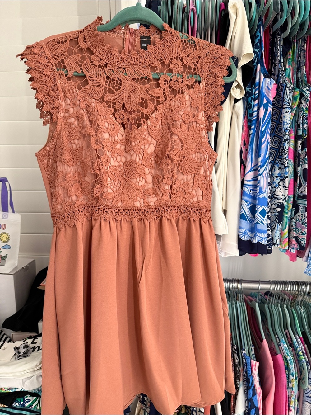 SHEIN Dusty Rose Crochet Lace Mini Dress